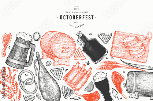Octoberfest banner. Vector hand drawn illustrations. Greeting Beer festival design template in retro style. Autumn background.