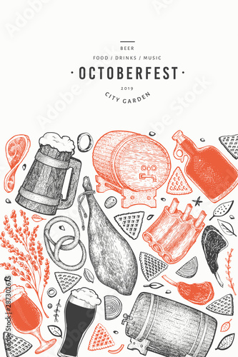Octoberfest banner. Vector hand drawn illustrations. Greeting Beer festival design template in retro style. Autumn background.