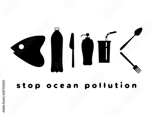 Fish skeleton as plastic trash. Ribs like a bottles, disposable glass, drinking straw, plastic spoon, fork, knife. The problem of microplastics in marine life. Keep the sea concept. Ocean pollution