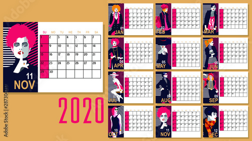 Vector of 2020 new year calendar with fashion women in style pop art.