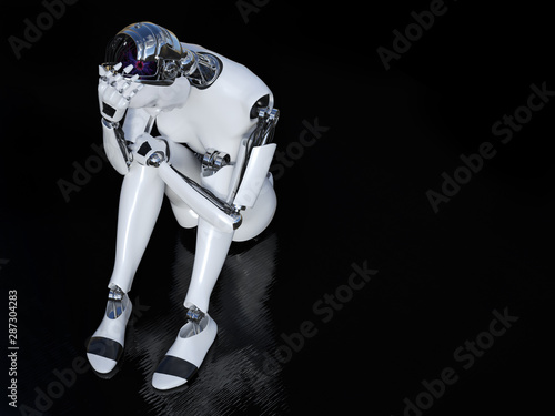 Fototapeta Naklejka Na Ścianę i Meble -  3D rendering of female robot looking sad.