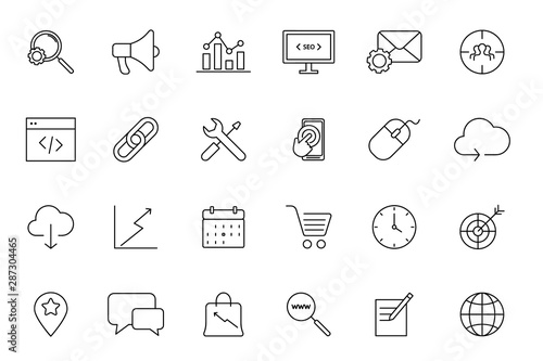 Search Engine Optimization. Set of Vector SEO Optimisation Icons. Set of Search Engine Optimization. Linear symbols set.