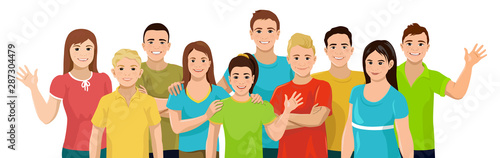 Group of European children. Kids and teenagers, boys and girls are stand and smile. Vector illustration isolated on white background.