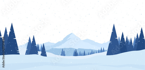 Winter snowy Mountains flat landscape with pines and hills.