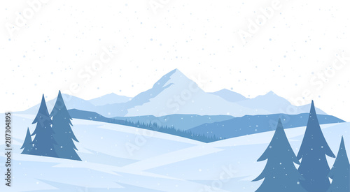 Cartoon Winter snowy Mountains flat landscape with pines and hills.