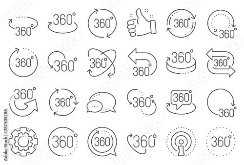 360 degree line icons. Rotate arrow, VR panoramic simulation and augmented reality. 360 degree virtual gaming, abstract geometry, full rotation view icons. Vr tour, game reality. Vector