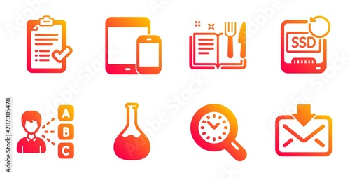 Approved checklist, Recovery ssd and Time management line icons set. Chemistry lab, Recipe book and Mobile devices signs. Opinion, Incoming mail symbols. Accepted message, Backup info. Vector