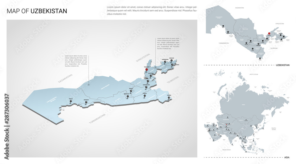 Vector set of Uzbekistan country.  Isometric 3d map, Uzbekistan map, Asia map - with region, state names and city names.