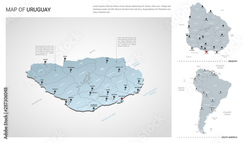 Vector set of Uruguay country. Isometric 3d map, Uruguay map, South America map - with region, state names and city names.