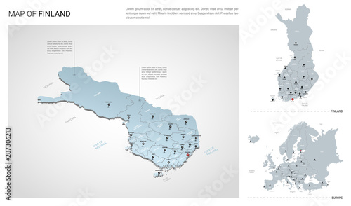 Vector set of Finland country.  Isometric 3d map, Finland map, Europe map - with region, state names and city names.