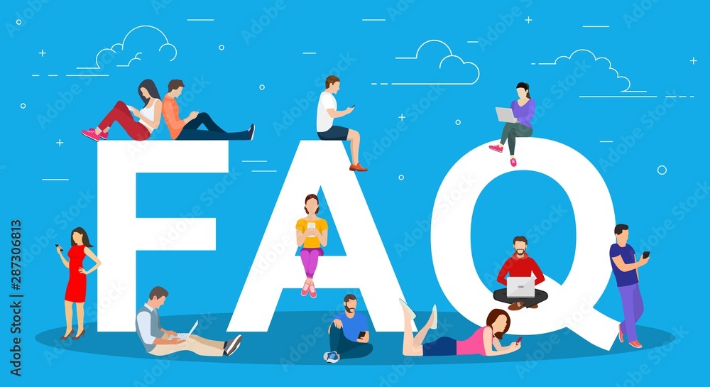 Frequently asked questions concept. people standing near letters and using smart phone, laptop and digital tablet. Vector illustration in flat style - obrazy, fototapety, plakaty 