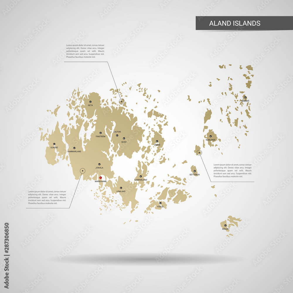 Naklejka premium Stylized vector Aland Islands map. Infographic 3d gold map illustration with cities, borders, capital, administrative divisions and pointer marks, shadow; gradient background. 