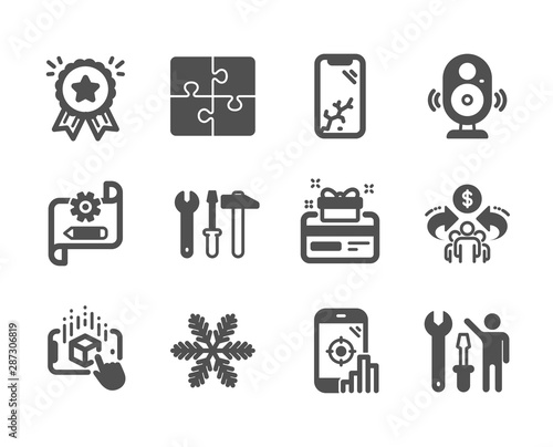 Set of Technology icons, such as Sharing economy, Repairman, Augmented reality, Smartphone broken, Puzzle, Spanner tool, Cogwheel blueprint, Seo phone, Snowflake, Loyalty award, Speaker. Vector