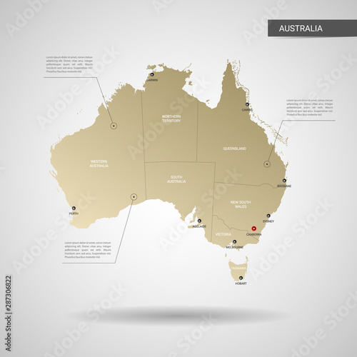 Stylized vector Australia map.  Infographic 3d gold map illustration with cities, borders, capital, administrative divisions and pointer marks, shadow; gradient background. 