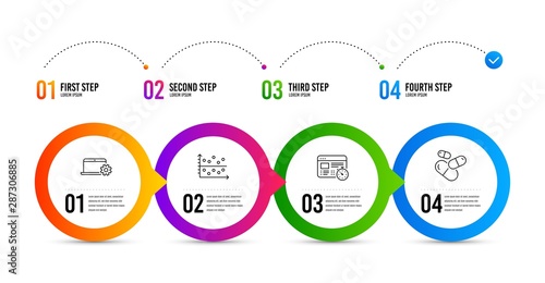 Web timer, Notebook service and Dot plot line icons set. Timeline infographic. Capsule pill sign. Online test, Computer repair, Presentation graph. Medicine drugs. Science set. Web timer icon. Vector