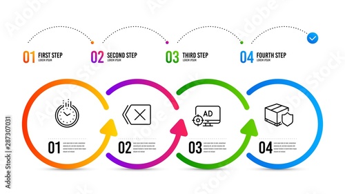 Delivery insurance sign. Infographics timeline. Remove, Seo adblock and Time line icons set. Delete button, Search engine, Clock. Parcel protection. Remove icon. Timeline diagram. Vector