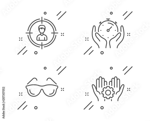 Timer, Eyeglasses and Headhunting line icons set. Employee hand sign. Deadline management, Optometry, Person in target. Work gear. People set. Line timer outline icon. Vector