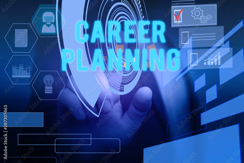 Text sign showing Career Planning. Business photo text Strategically plan your career goals and work success Male human wear formal work suit presenting presentation using smart device