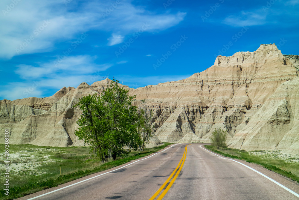 A long way down the road of Badlands National Park, South Dakota