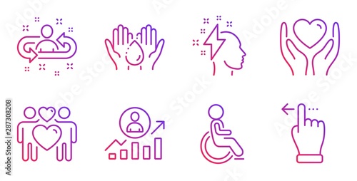 Brainstorming, Career ladder and Recruitment line icons set. Hold heart, Disabled and Love couple signs. Wash hands, Touchscreen gesture symbols. Lightning bolt, Manager results. People set. Vector