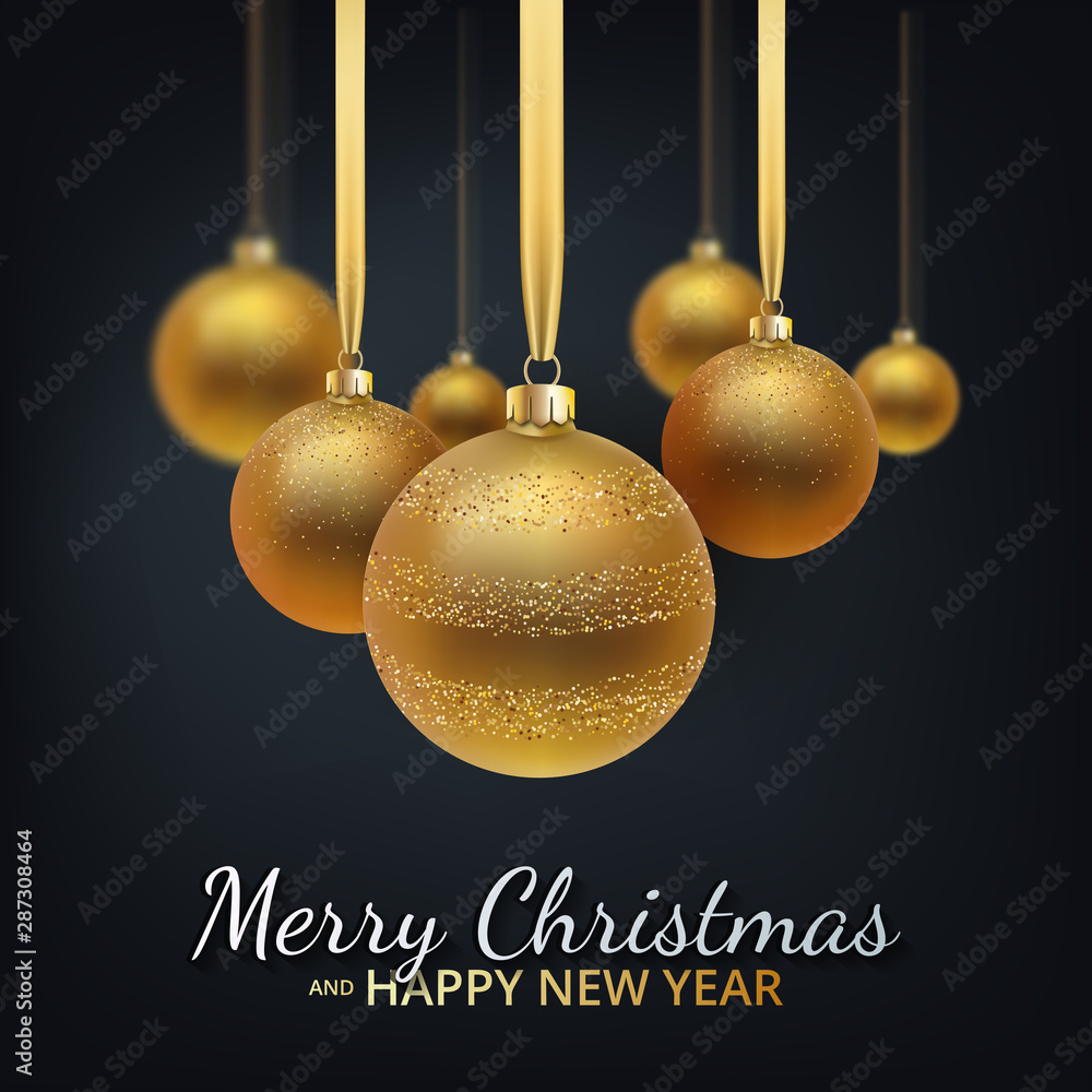 Greeting card, invitation with happy New year 2020 and Christmas. Metallic gold Christmas balls, decoration, shimmering, shiny confetti on a black background. Vector Illustration Greeting card, invitation with happy New year 2020 and Christmas. Metallic gold Christmas balls, decoration, shimmering, shiny confetti on a black background. Vector Illustration