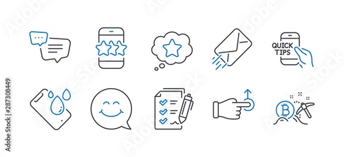 Set of Technology icons, such as Text message, E-mail, Loyalty star, Survey checklist, Star, Education, Drag drop, Smile face, Smartphone waterproof, Bitcoin mining line icons. Vector