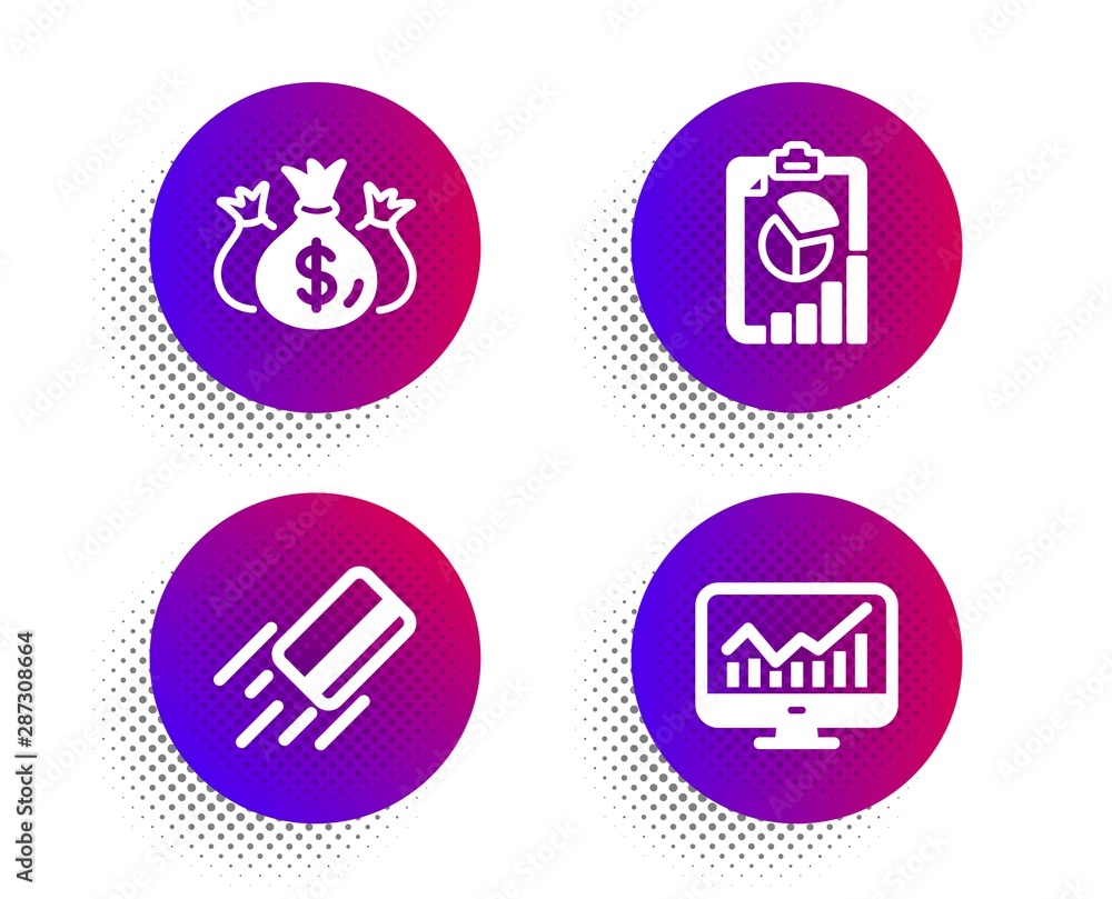 Check investment, Credit card and Report icons simple set. Halftone dots button. Statistics sign. Business report, Bank payment, Presentation chart. Finance set. Vector Check investment, Credit card and Report icons simple set. Halftone dots button. Statistics sign. Business report, Bank payment, Presentation chart. Finance set. Vector
