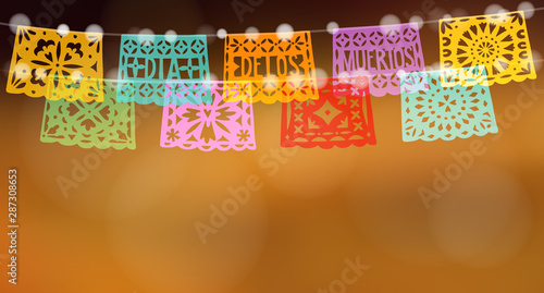 Dia de los Muertos, Mexican Day of the Dead holiday web banner. Halloween card, invitation. String of lights and garland of colorful paper cut party bunting flags. Blurred background, vector.
