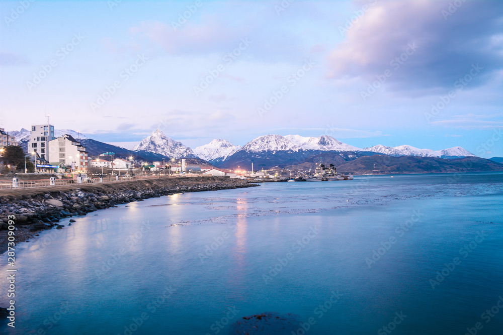 A view of Ushuaia and mountains in winter.