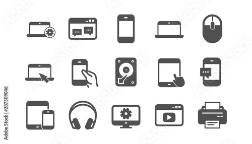 Device icons. Laptop, SSD and Headphones. Printer classic icon set. Quality set. Vector
