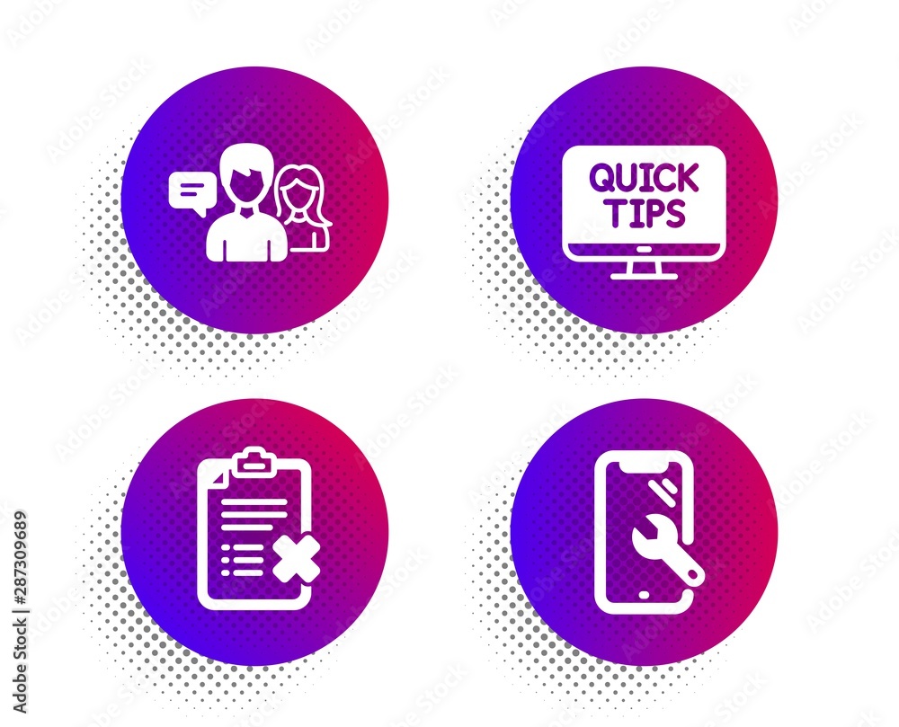Web tutorials, Reject checklist and People talking icons simple set. Halftone dots button. Smartphone repair sign. Quick tips, Decline file, Contact service. Phone recovery. Technology set. Vector