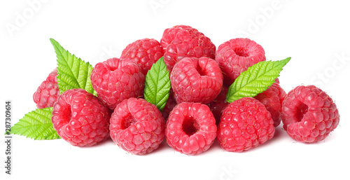 ripe raspberries with green leaf isolated on white background macro