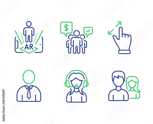 Touchscreen gesture, Teamwork and Augmented reality line icons set. Human, Support and Couple signs. Zoom in, Employees chat, Phone simulation. Person profile. People set. Vector