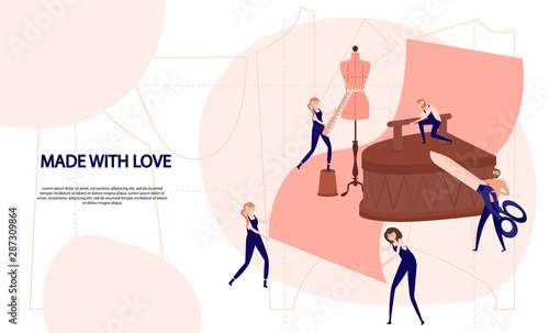 Fashion Design Concept. Tailor Create Outfit and Apparel, Assistant Working with Mannequin. Creative Atelier Web Page. Editable vector illustration. 