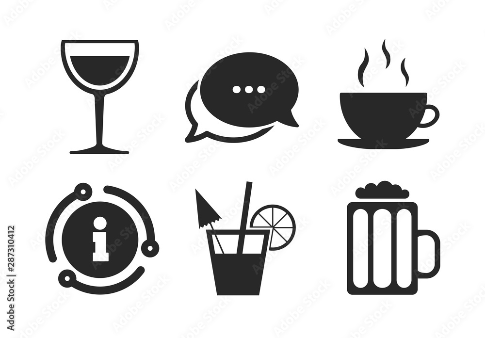 Coffee cup and glass of beer symbols. Chat, info sign. Drinks icons. Wine glass and cocktail signs. Classic style speech bubble icon. Vector Coffee cup and glass of beer symbols. Chat, info sign. Drinks icons. Wine glass and cocktail signs. Classic style speech bubble icon. Vector