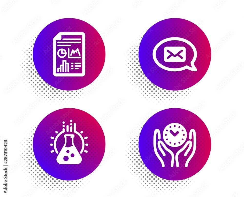 Chemistry lab, Report document and Messenger icons simple set. Halftone dots button. Safe time sign. Laboratory, Growth chart, New message. Management. Education set. Vector Chemistry lab, Report document and Messenger icons simple set. Halftone dots button. Safe time sign. Laboratory, Growth chart, New message. Management. Education set. Vector