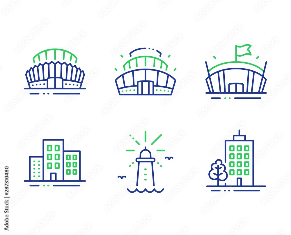 Sports stadium, Buildings and Lighthouse line icons set. Arena stadium, Arena and Skyscraper buildings signs. Town apartments, Navigation beacon, Competition building. Town architecture. Vector