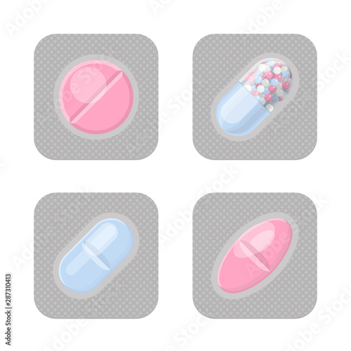 Blister packs with different shape pills realistic vector set. Pharmacy isolated colorful packagings. Aspirin, antibiotics, vitamin or painkiller drugs.