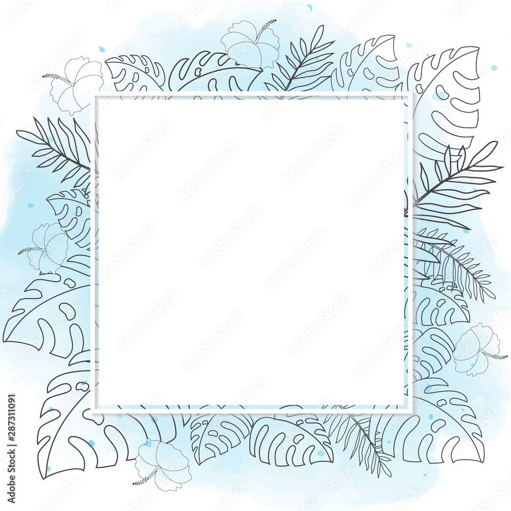 Obraz premium hand drawn summer tropical flower botanical doodle line frame on watercolor background