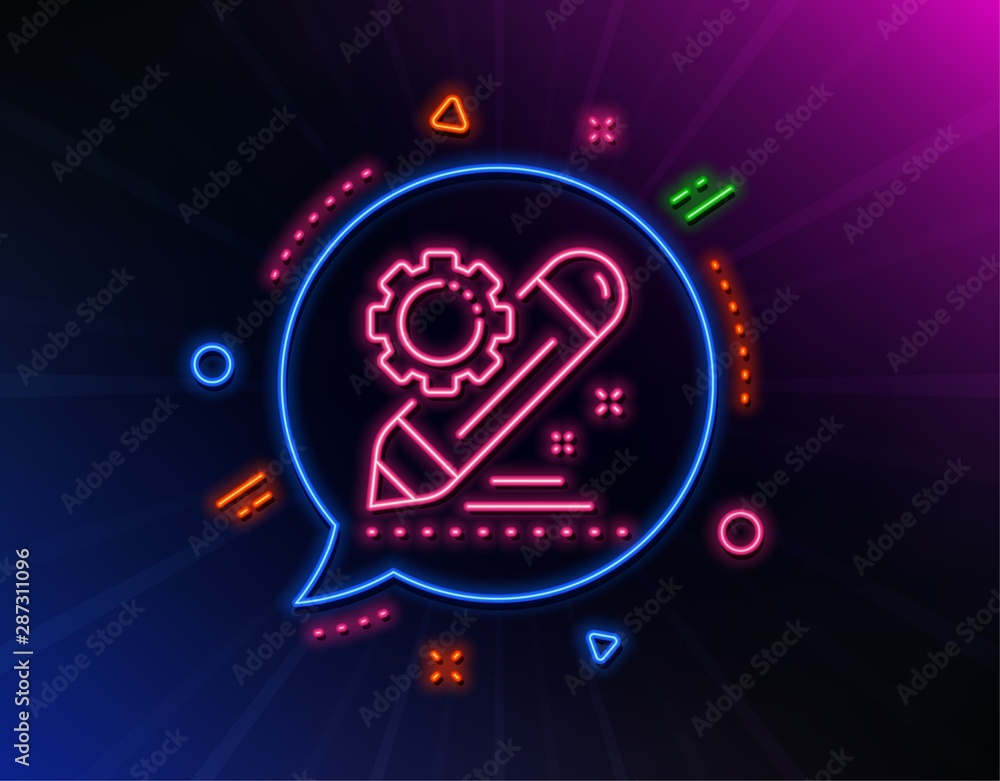 Project edit line icon. Neon laser lights. Settings management sign. Pencil symbol. Glow laser speech bubble. Neon lights chat bubble. Banner badge with project edit icon. Vector