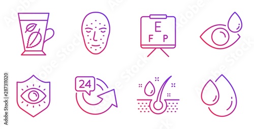 24 hours, Eye protection and Mint leaves line icons set. Vision board, Eye drops and Serum oil signs. Face biometrics, Oil drop symbols. Repeat, Optometry. Medical set. Gradient 24 hours icon. Vector