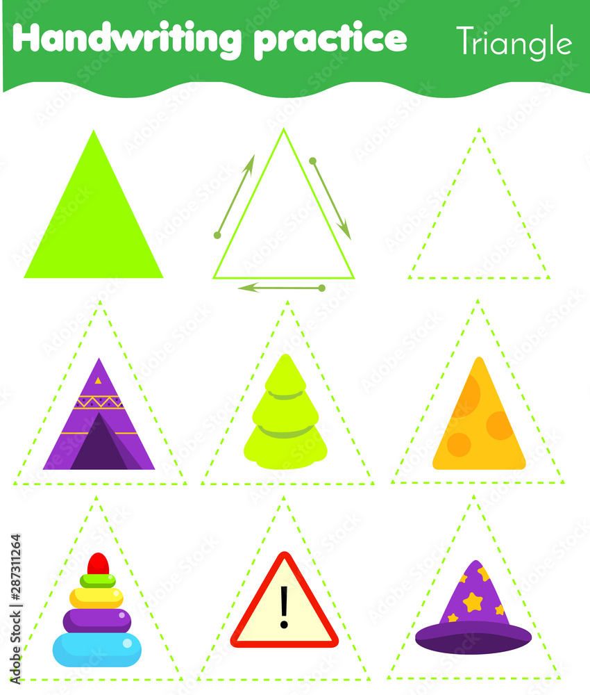 Triangle form objects. Handwriting practice. geometric shapes for kids. Educational worksheet for children and toddlers. Triangle form objects. Handwriting practice. geometric shapes for kids. Educational worksheet for children and toddlers.