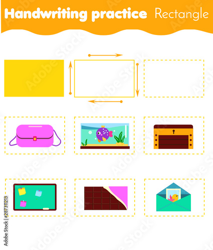 Rectangle form objects. Handwriting practice. geometric shapes for kids. Educational worksheet for children and toddlers.