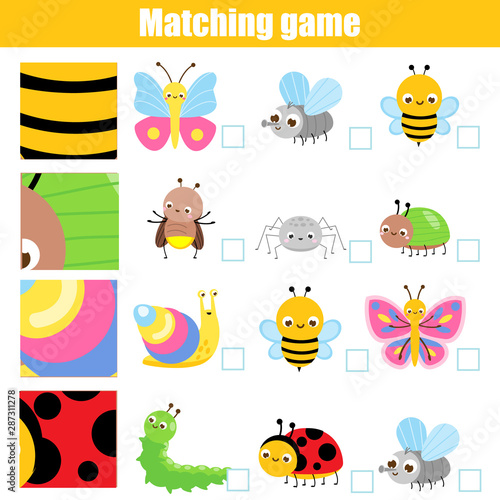 Matching game. Educational children activity with cute insects. Match patern and objects