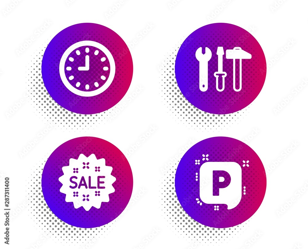 Clock, Sale and Spanner tool icons simple set. Halftone dots button. Parking sign. Time or watch, Shopping star, Repair screwdriver. Auto park. Business set. Classic flat clock icon. Vector Clock, Sale and Spanner tool icons simple set. Halftone dots button. Parking sign. Time or watch, Shopping star, Repair screwdriver. Auto park. Business set. Classic flat clock icon. Vector