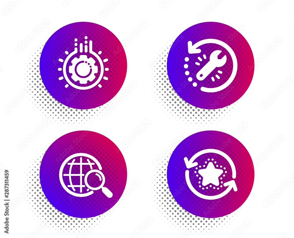 Web search, Gear and Recovery tool icons simple set. Halftone dots button. Loyalty points sign. Find internet, Work process, Backup info. Bonus reward. Business set. Vector