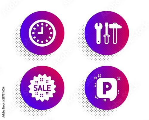 Clock, Sale and Spanner tool icons simple set. Halftone dots button. Parking sign. Time or watch, Shopping star, Repair screwdriver. Auto park. Business set. Classic flat clock icon. Vector