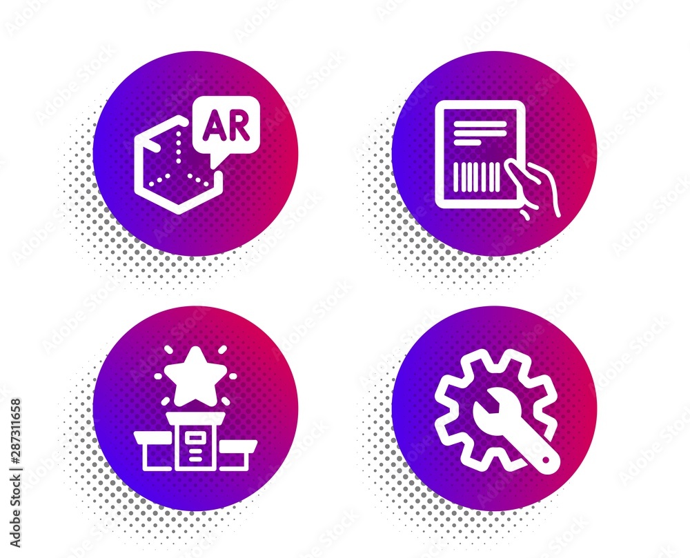 Parcel invoice, Winner podium and Augmented reality icons simple set. Halftone dots button. Customisation sign. Delivery document, First place, Virtual reality. Settings. Business set. Vector Parcel invoice, Winner podium and Augmented reality icons simple set. Halftone dots button. Customisation sign. Delivery document, First place, Virtual reality. Settings. Business set. Vector