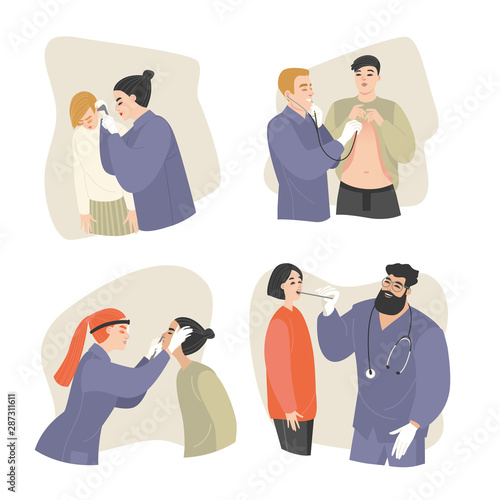 Images of otolaryngologists examining patients. Doctors at work
