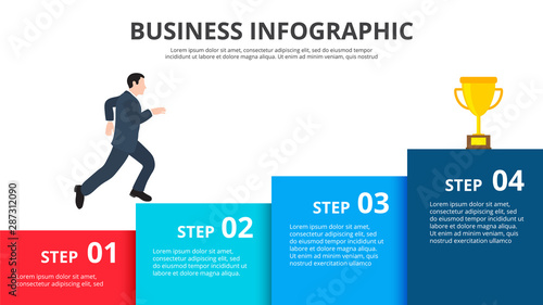 Businessman steps up the stairs to the trophy. Growth infographics with 4 options. Presentation slide.